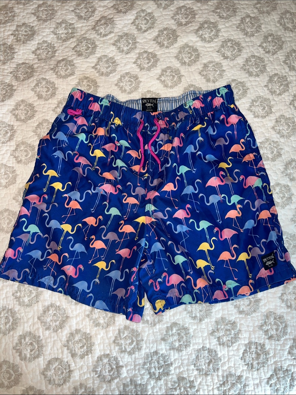 Men's Navy Flamingo Print Swim Trunks with Pink Drawstring